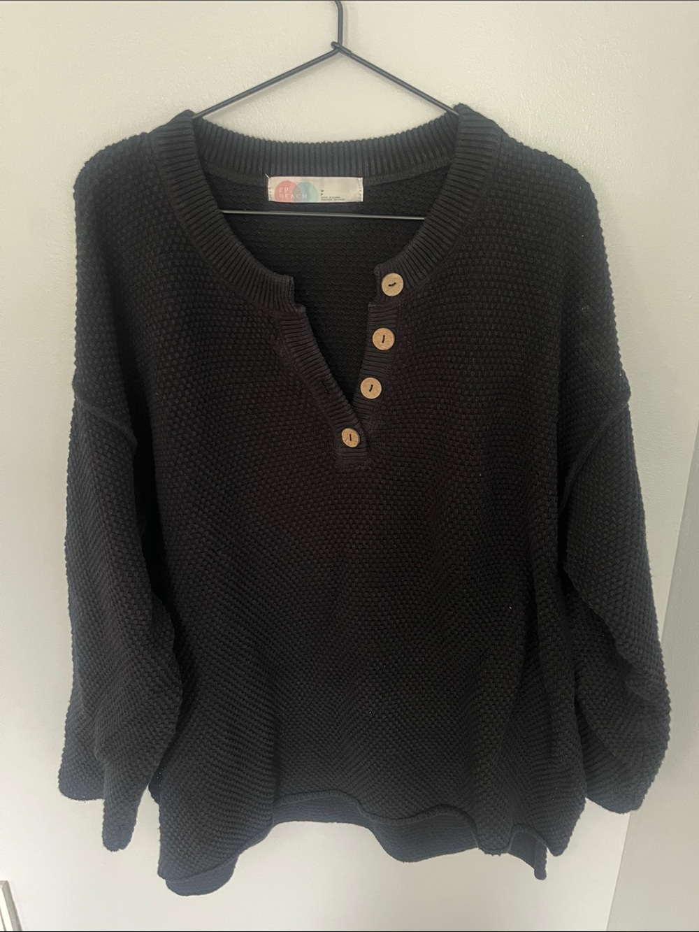 Black Waffle Henley Sweater with Button Placket